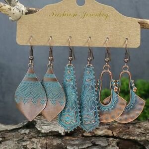Ancient Green Teal & Bronze Vintage Pendant Earrings Folklore Drop Dangle 3 Pair